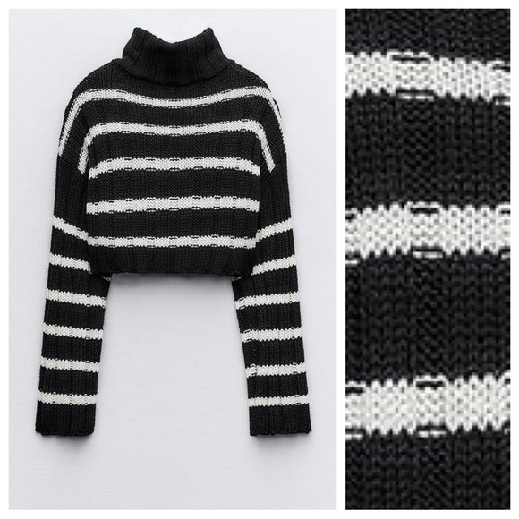 NWT. Zara Navy Blue Striped Knit Cropped High Neck Cardigan. Size S. - Picture 3 of 7